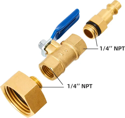 Vista 4 de Adaptador de soplado de latón para autocaravana, enchufe de conexión rápida macho de 1/4 pulgadas y rosca GHT hembra de 3/4 pulgadas, con válvula