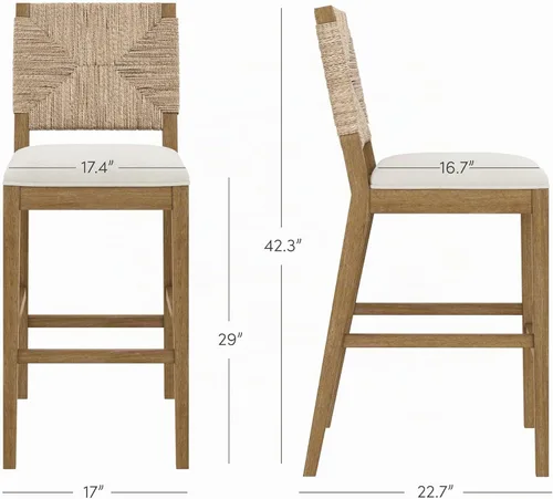 Vista 2 de Nathan James Beacon Taburete de bar bohemio con respaldo, de altura de bar, silla para isla de cocina, taburete de bar de seagrass, bouclé