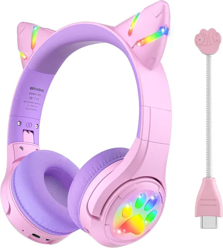 Vista 11 de Riwbox CF9 - Auriculares Bluetooth para niños con luz LED, límite de volumen seguro de 85 dB, micrófono integrado y micrófono Boom para llamadas