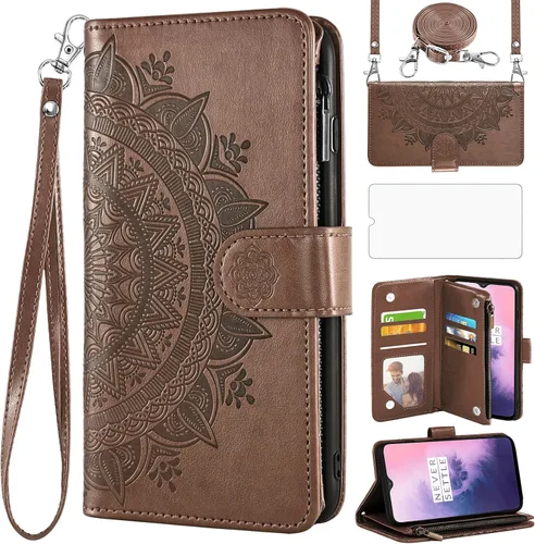 Vista 11 de Asuwish Funda de teléfono para OnePlus 7 6T Wallet Cell Cover con protector de pantalla con correa para la muñeca Mandala Flower Card Holder