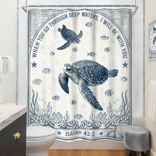 Vista 4 de Riyidecor Ocean Turtle Bible Verse Rustic Navy Bathroom Shower Curtain Set