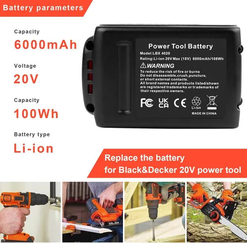 Vista 3 de Labtec LBX4020 - Paquetes de baterías de 20 V 6000 mAh compatibles con Black&Decker 20V LBXR20 LBXR20B LBXR20-OPE LBXR2020 LBXR20 LBXR20 LBX20