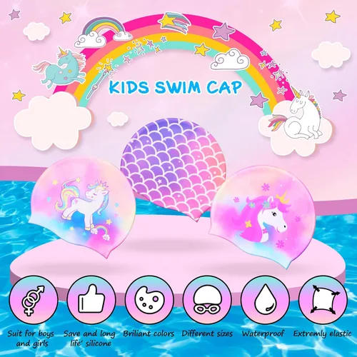 Vista 3 de Syhood Gorras de natación para niños, 3 unidades, impermeables, gorro de natación de dibujos animados para cabello largo y corto, para niños y niñas