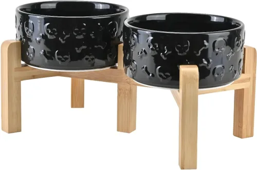 Vista 45 de SPUNKYJUNKY Cuencos elevados de cerámica para perros, 5.1 pulgadas, para comida de perros y gatos, cuencos elevados con soporte de bambú Verde oscuro