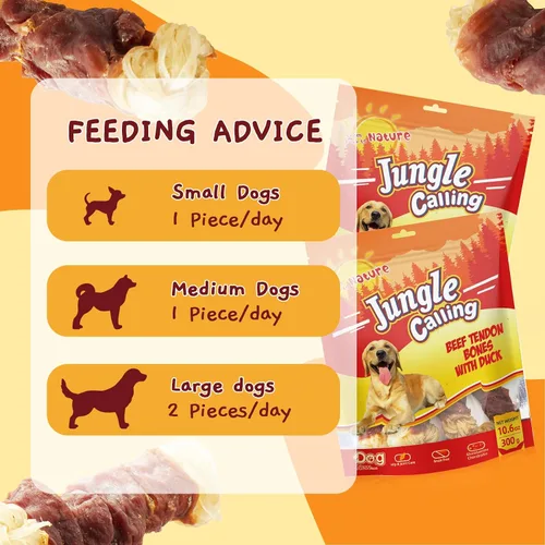 Vista 6 de Jungle Calling Tendones de Res para Perros, Tendones Envueltos en Pato, Masticables para Perros de Larga Duración, Suplemento para Cadera