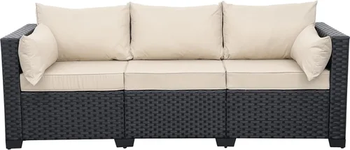 Vista 6 de Rattaner Muebles de patio, sofá de mimbre de 3 asientos, muebles de exterior, sofá de exterior, asiento profundo, respaldo alto, funda impermeable