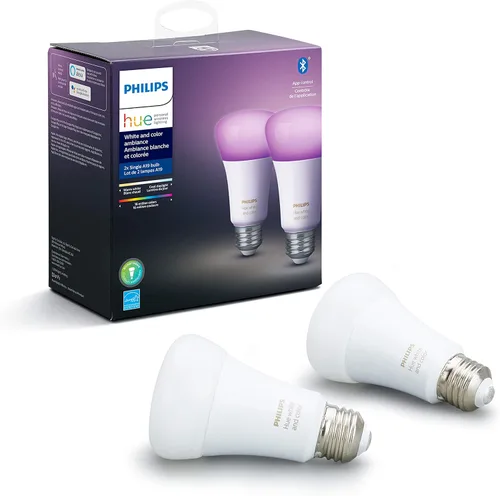 Vista 2 de Philips Hue (1) Puente con (2) bombillas LED inteligentes A19 de 60 W, luz blanca y de color que cambia de color, 800 LM, E26 - Control