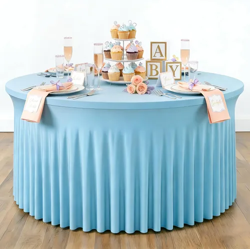 Vista 21 de Mantel redondo de 60 pulgadas en negro para mesas de 5 pies, funda de mesa ajustada de elastano con borde elástico y falda, lavable, sin arrugas