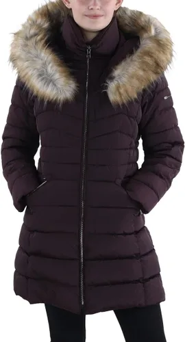 Vista 17 de Laundry by Shelli Segal Chaqueta acolchada elástica para mujer, abrigo largo de invierno con capucha de piel sintética