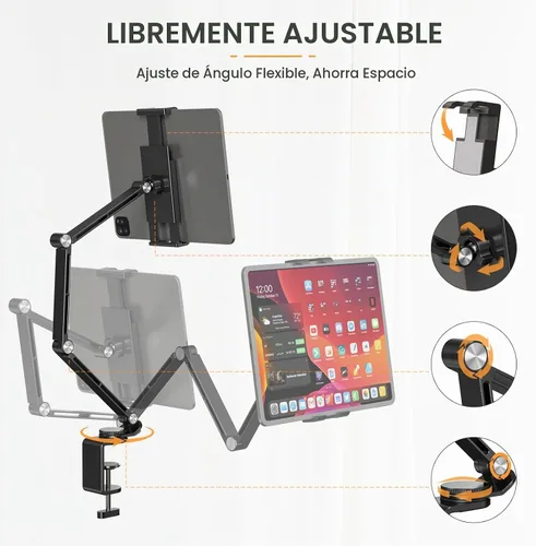 Vista 3 de Houele Soporte para Tableta, Brazo Plegable Ajustable para Tableta iPad Soporte de Escritorio con Base Giratoria de 360°, Soporte para Teléfono