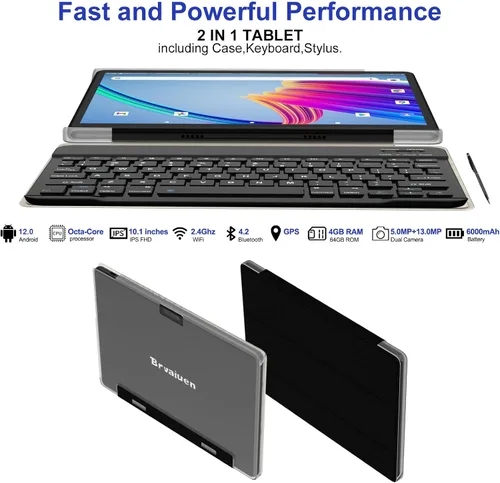 Vista 6 de 2025 Android 12 Tablets 10.1 Octa-Core 2 en 1 Tablet 64 GB + 512 GB Expandir incluye funda, teclado, lápiz capacitivo, cámara dual 13+5, pantalla