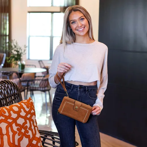 Vista 7 de S-ZONE Cartera cruzada para teléfono celular, cartera de pulsera para mujer, con bloqueo RFID, con 2 correas