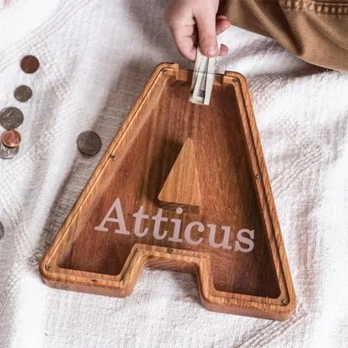 Vista 7 de Alcancía de madera personalizada, alcancía grande para niños, grabada con láser, alcancía para cumpleaños de niños