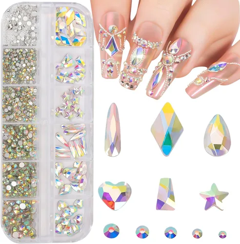 Vista 7 de Kit de diamantes de imitación de cristal 3D rosa claro multiformas para uñas, mezcla de 0.031 in, cuentas redondas plateadas para uñas, gemas