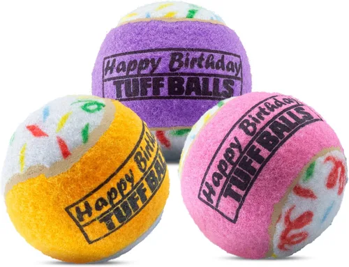 Vista 2 de PetSport Jr. Happy Birthday Tuff Ball - Juguetes para perros Paquete de 4 pelotas de tenis pequeñas (1.8 pulgadas) seguras para mascotas y goma