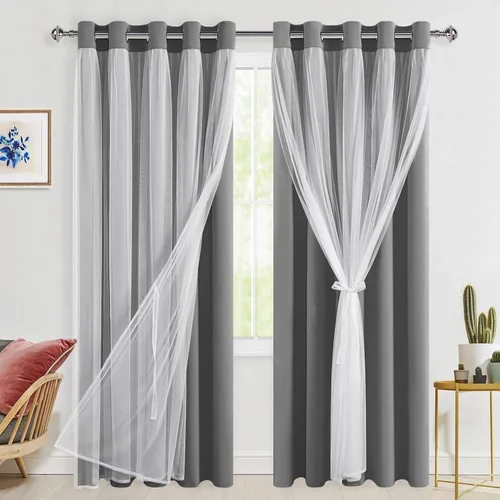 Vista 102 de Hiasan Cortinas opacas con superposición transparente, aislamiento térmico para mezclar y combinar de doble capa, cortinas de oscurecimiento de Beige