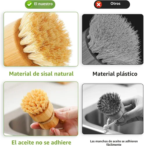 Vista 3 de SUBEKYU - Juego de cepillos de bambú para platos de cocina, juego de estropajos de limpieza de madera para lavar sartenes/ollas de hierro fundido