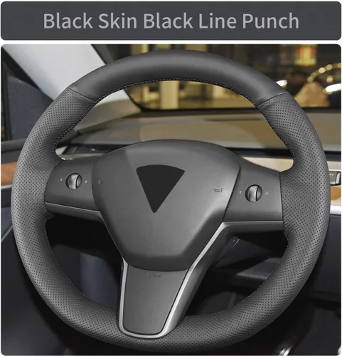 Vista 4 de Funda para volante cosida a mano, apta para Tesla Model 3 2017-2023/Modelo Y 2020-2023, funda antideslizante de cuero de microfibra transpirable