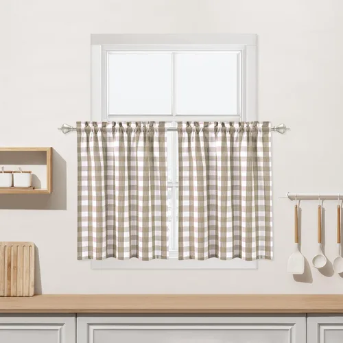 Vista 25 de Cortinas de Cocina Estilo Granja de Cuadros Vichy Blanco y Negro de 24 Pulgadas de Largo, Cortinas de Café de Media Ventana de Cuadros Buffalo