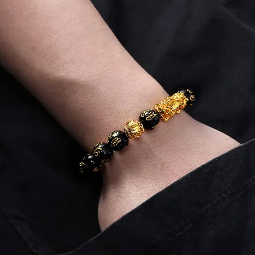 Vista 6 de EnjoIt 3 unids 0.472in Feng Shui negro obsidiana riqueza pulsera tallada a mano piedra mantra Pi Xiu pulsera para hombre mujer C2242