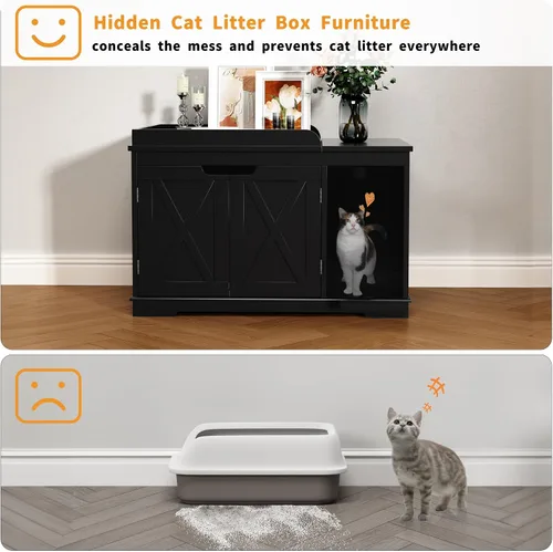 Vista 5 de PUPETPO Cajas de arena para gatos con tapa abatible, caja de arena cubierta, muebles ocultos, gabinete de baño de madera para gatos, gatos medianos