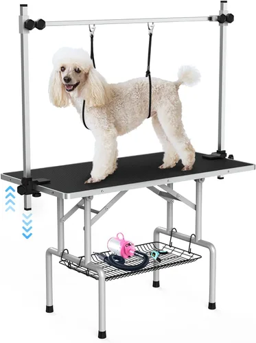 Vista 11 de Lyromix Mesa de Aseo para Perros Grande de 36'', Escritorio de Secado para Gatos Ajustable con Brazos, Lazos, Bandeja de Malla, Estación Plegable