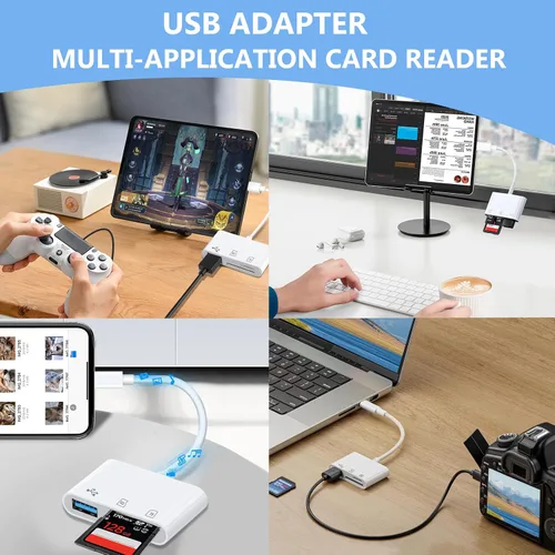 Vista 5 de Lector de tarjetas SD USB C para iPhone, lector de tarjetas de memoria 3 en 1, ranuras dobles con adaptador de cámara USB, adaptador de cámara