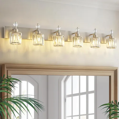 Vista 10 de PRESDE Aplique de pared de cristal único, lámpara de tocador cromada moderna, lámpara de pared de 1 luz para baño, dormitorio, pasillo