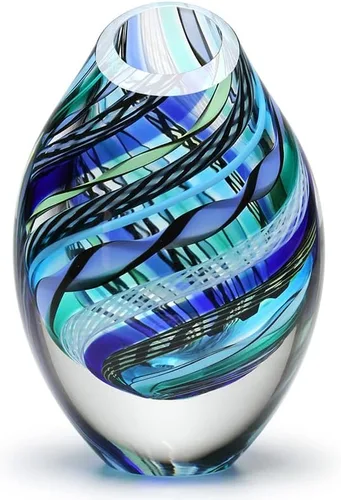 Vista 15 de Ca D Oro - Florero de cristal con bastones azules y verdes, soplado a mano, estilo Murano, modelo bajo