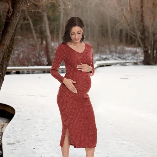 Vista 4 de Vestido ajustado de maternidad con cuello en V y cuello en V, vestido de maternidad para baby shower