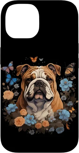 Vista 4 de Funda para iPhone 16 Bulldog Inglés con Flores y Mariposas