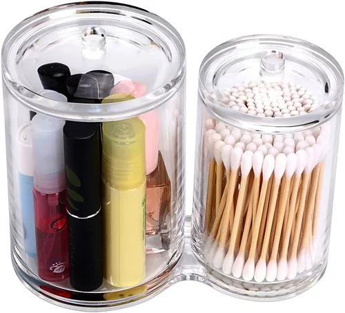 Vista 2 de Hipiwe - Bastoncillo de algodón acrílico transparente y soporte para bolas con 2 ranuras para Q-tip Estuche organizador redondo de algodón Q-tip