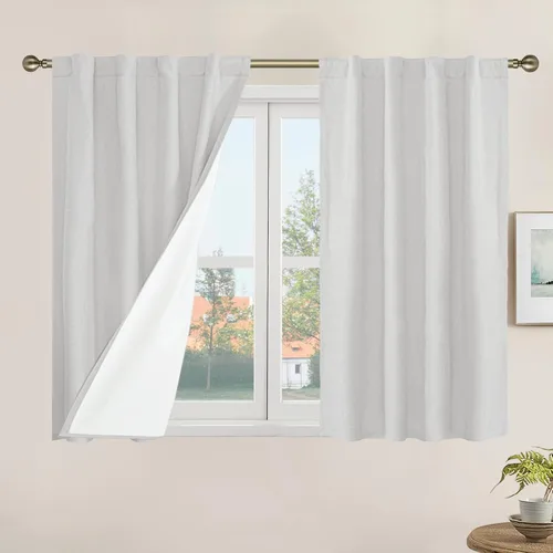 Vista 124 de LAMIT Cortinas opacas cortas de lino de 30 pulgadas para ventanas de cocina sobre el fregadero, cortinas de café texturizadas de lino marfil