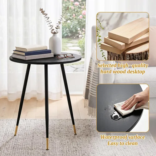 Vista 4 de NOBPEINT Mesa auxiliar redonda de madera moderna, mesa auxiliar de 28 pulgadas con 3 patas de metal, mesa de centro de ocio (negro)
