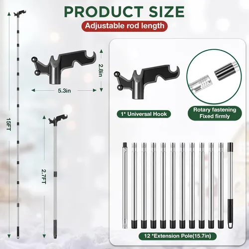 Vista 5 de Nigelia Poste de suspensión de luz de Navidad de 3 a 15 pies con gancho de utilidad, poste de extensión ajustable para colgar luces de Navidad