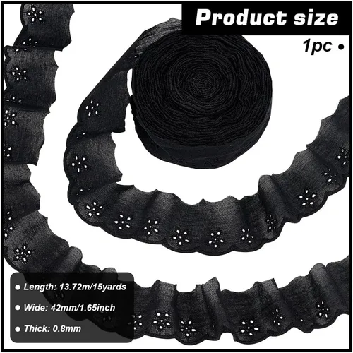 Vista 2 de FINGERINSPIRE Cinta de encaje de algodón de 15 yardas, 1-5/8 pulgadas, color negro, con ojales, bordado floral, ribete de encaje, borde ondulado