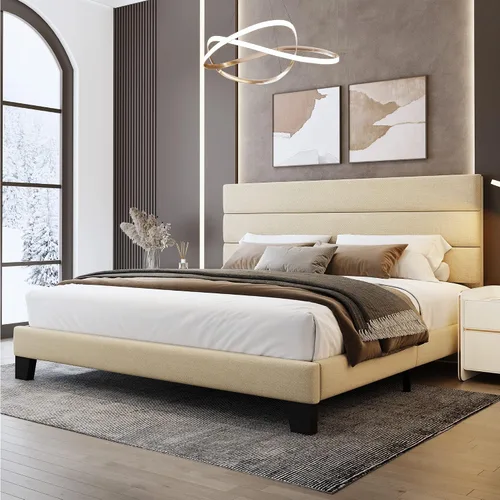 Vista 21 de WEEWAY Base de cama tamaño individual con cabecera tapizada de tela de lino y soporte de listones de madera, base de colchón resistente, no necesita