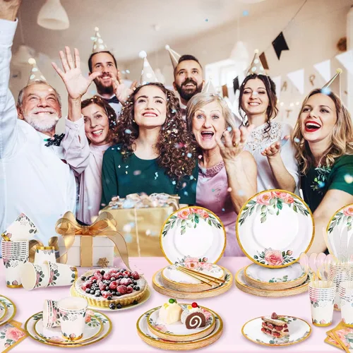 Vista 7 de Juego de 350 platos de papel floral, platos desechables con borde dorado para 50 invitados, suministros de fiesta para adultos, jardín, fiesta