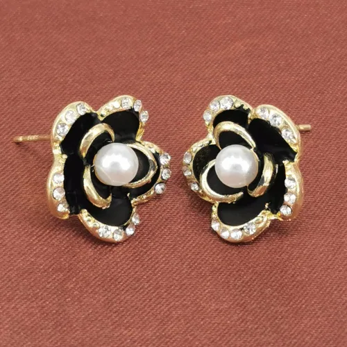 Vista 7 de Aretes de perlas con diamantes de imitación de rosas para mujeres, niñas, Metal, Diamante de imitación