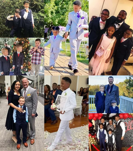 Vista 7 de Trajes negros para niños, traje ajustado formal para niños pequeños, 7 piezas, chaleco, pantalones de vestir, blazer, traje de portador de anillo