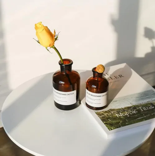 Vista 3 de Jarrón de cristal ámbar, 1 jarrón pequeño, botellas de vidrio decorativas, tarros de boticario marrón, decoración del hogar, jarrones florales
