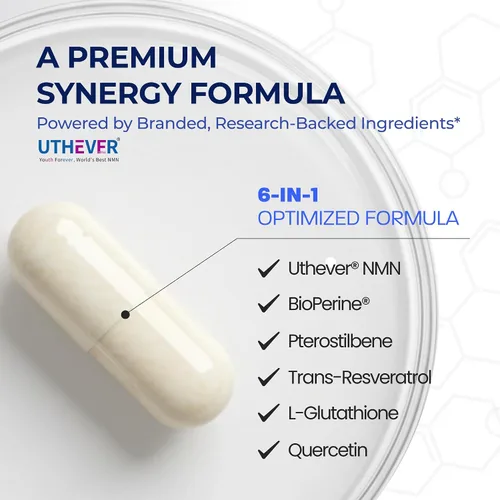 Vista 4 de BONE SCIENCE Uthever NMN & Pterostilbene Complejo 6 en 1 con resveratrol, glutatión y bioperina, precursor estabilizado de NAD+ de alta pureza