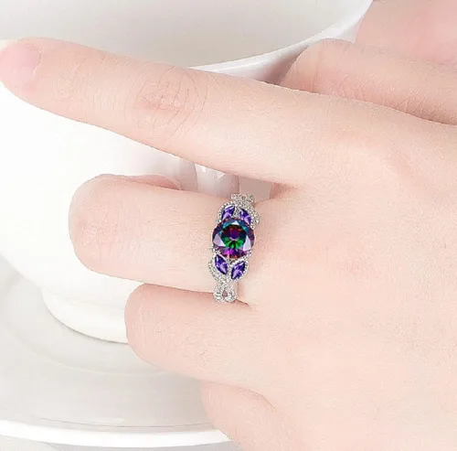 Vista 3 de Awmnjtmgpw - Anillo de compromiso de plata de ley 925 con topacio arcoíris para mujer, anillo de compromiso con diamantes de corte princesa, anillo