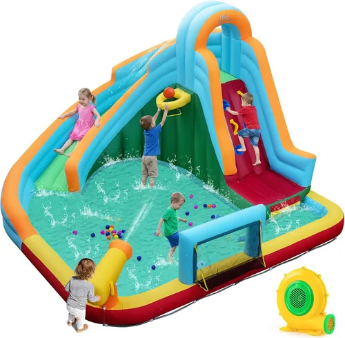 Vista 10 de Boundtech - Casa inflable para saltar, para usar en la alberca, con dos toboganes, pared de escalada, aro de baloncesto, alberca para sambullirse