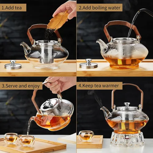 Vista 6 de UNBREAKABLE -Tetera de vidrio de 46 onzas con infusor y tapa de acero inoxidable, resistente al calor de vidrio de borosilicato para estufa