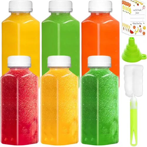 Vista 9 de Botellas de jugo de plástico, recipientes reutilizables para jugo con tapas blancas a prueba de manipulaciones, cepillo, embudo y etiquetas