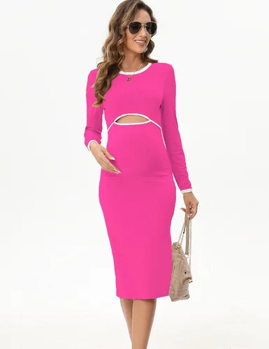 Vista 4 de FUNJULY Vestido de maternidad de manga larga para mujer, estilo casual, cuello redondo, recortado, de punto acanalado, ajustado, vestido de tubo