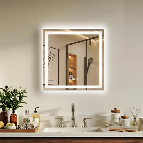Vista 28 de Espejo de baño LED de 16 x 24 pulgadas con luces, antiniebla, retroiluminado + luz frontal, espejo de tocador de baño iluminado para pared, función