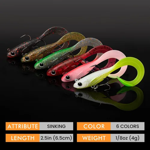 Vista 7 de TRUSCEND Duramax TPE Soft Fishing Lures with BKK Hooks, Easy Catch Curly & T-Tail for Trembly Sinking & Vibrating Swim, UV or Glow Effect for All