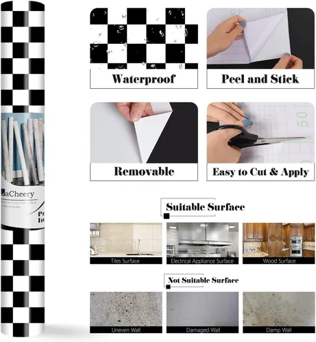 Vista 7 de LACHEERY Papel de contacto blanco y negro de 15.8 x 276 pulgadas, papel tapiz grueso a cuadros para despegar y pegar, papel tapiz autoadhesivo